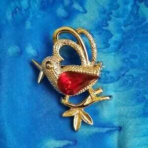 Gerry's Gold-tone Bird w/Red Rhinestone Brooch